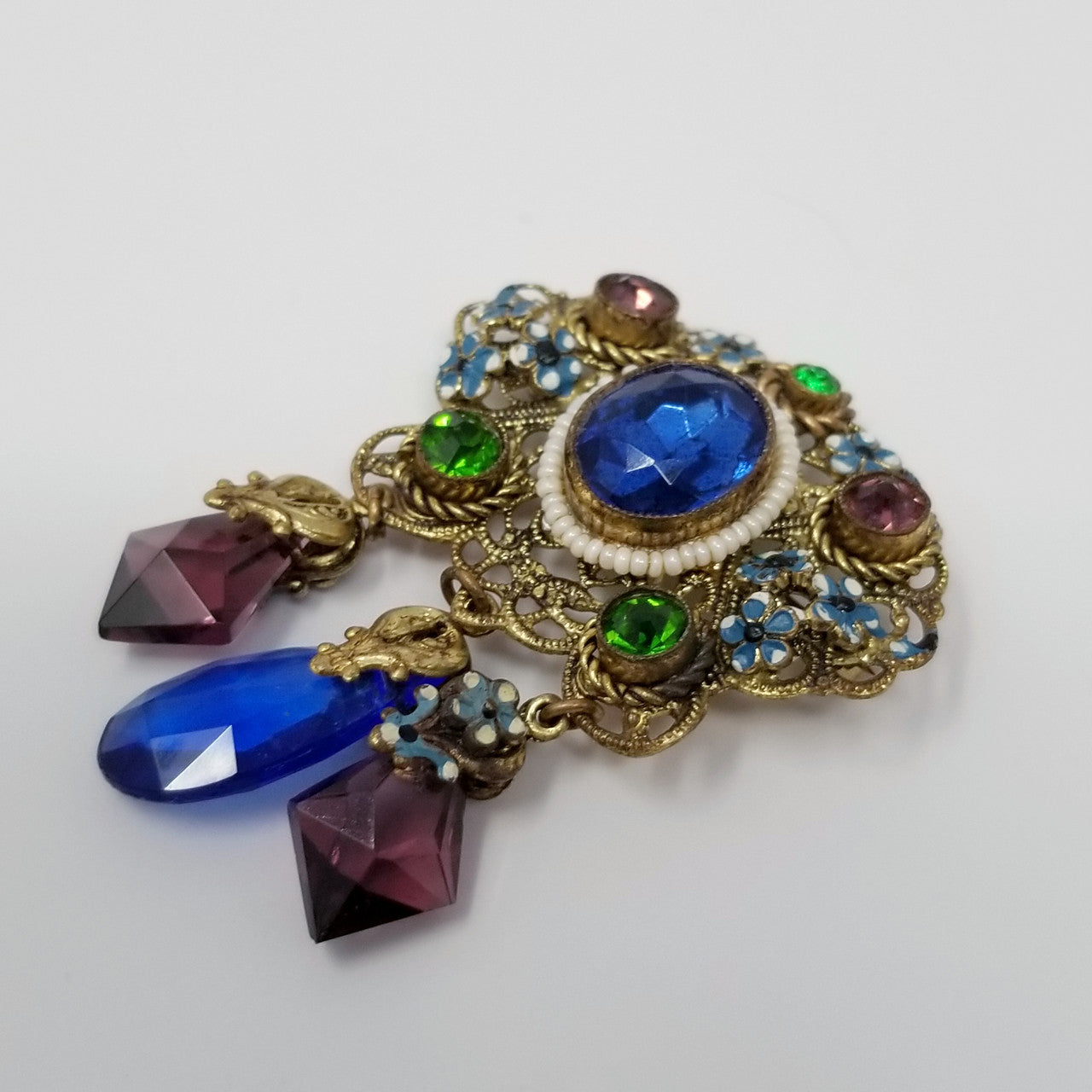 Vintage Czech Dangling Ornate Brooch with Crystals Floral Enamel and Faux Pearls