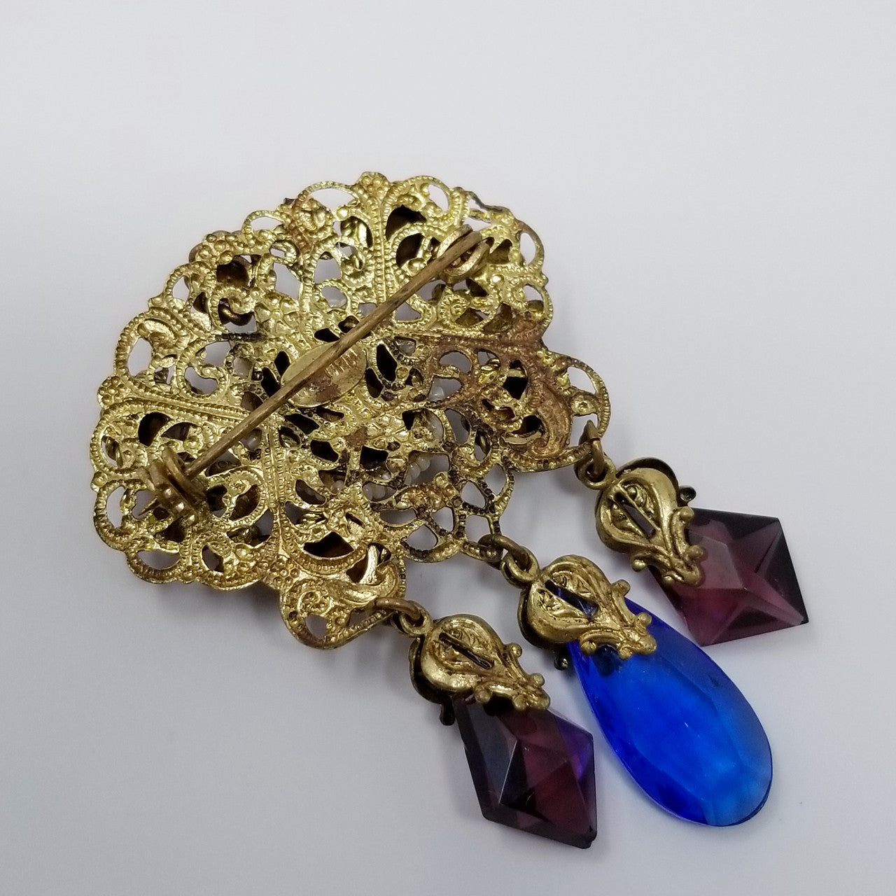 Vintage Czech Dangling Ornate Brooch with Crystals Floral Enamel and Faux Pearls