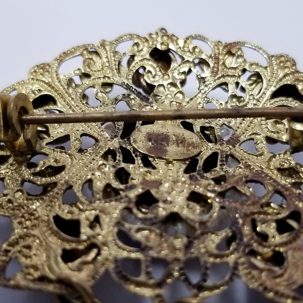Vintage Czech Dangling Ornate Brooch with Crystals Floral Enamel and Faux Pearls
