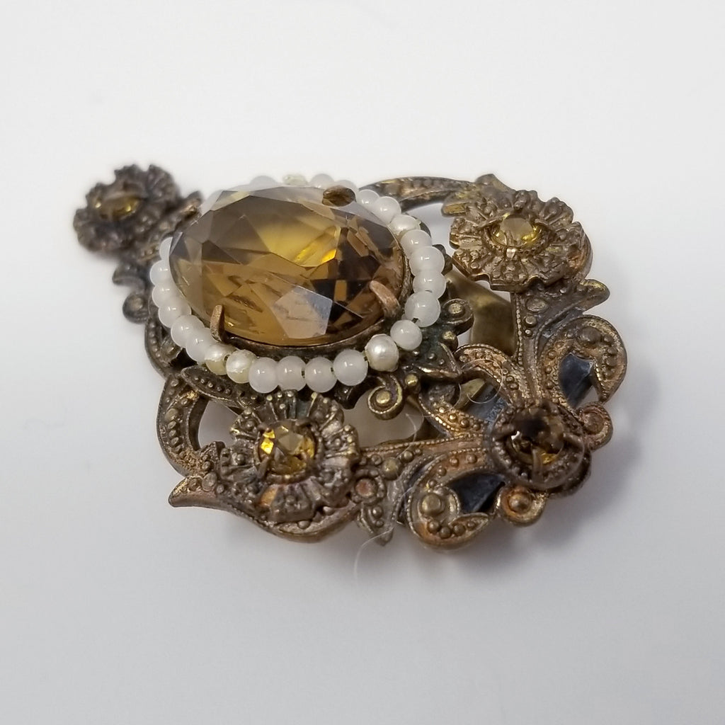 Antique Victorian Ornate Dress Clip in Brass with Seeded Faux Pearls & Prong Set Topaz Rhinestones