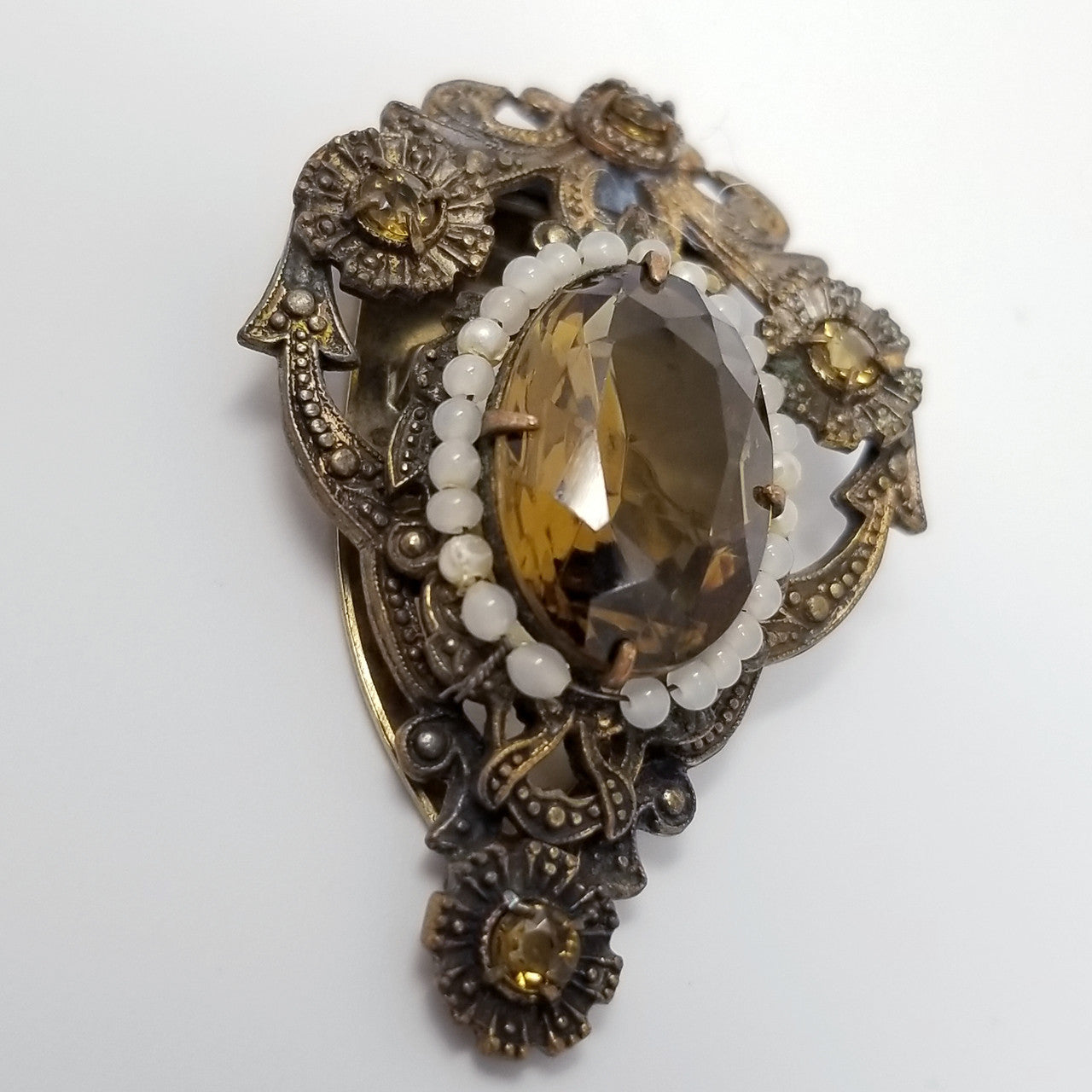 Antique Victorian Ornate Dress Clip in Brass with Seeded Faux Pearls & Prong Set Topaz Rhinestones