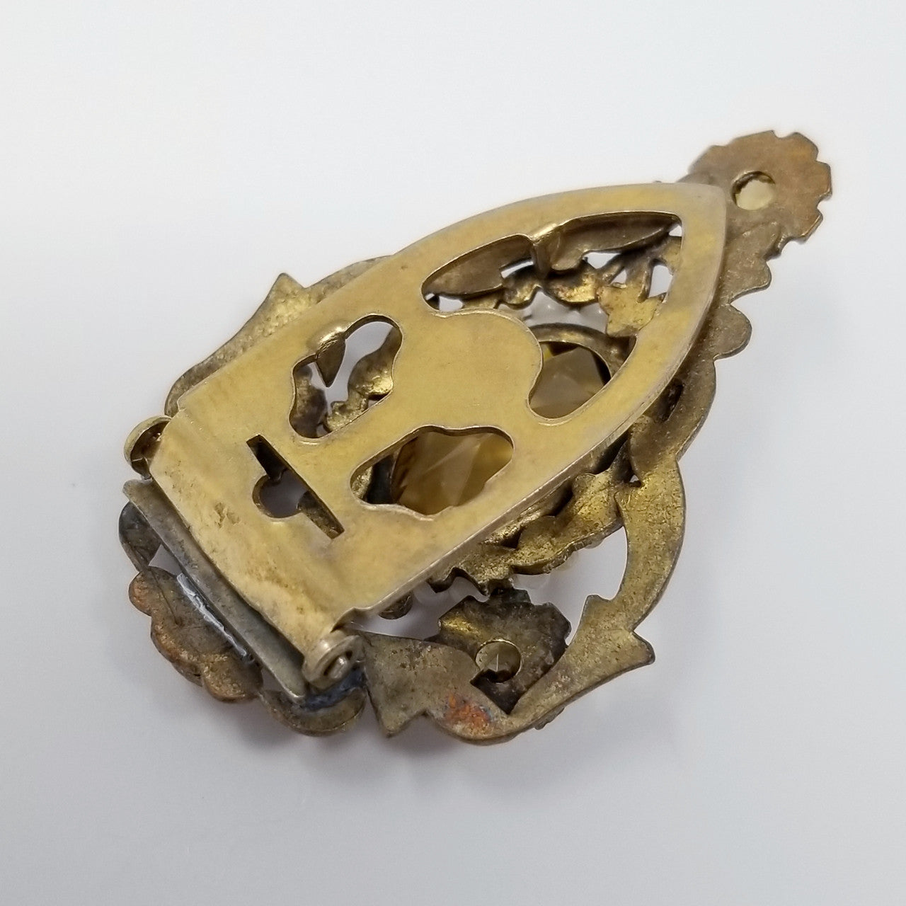 Antique Victorian Ornate Dress Clip in Brass with Seeded Faux Pearls & Prong Set Topaz Rhinestones