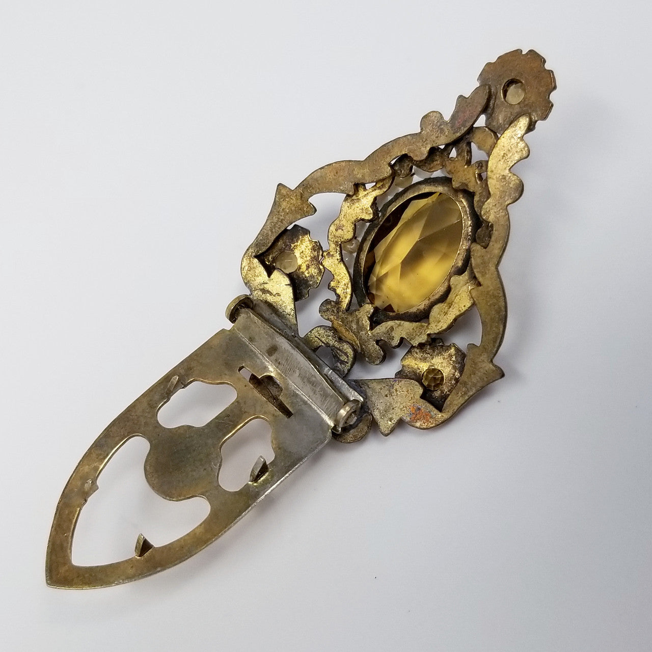 Antique Victorian Ornate Dress Clip in Brass with Seeded Faux Pearls & Prong Set Topaz Rhinestones