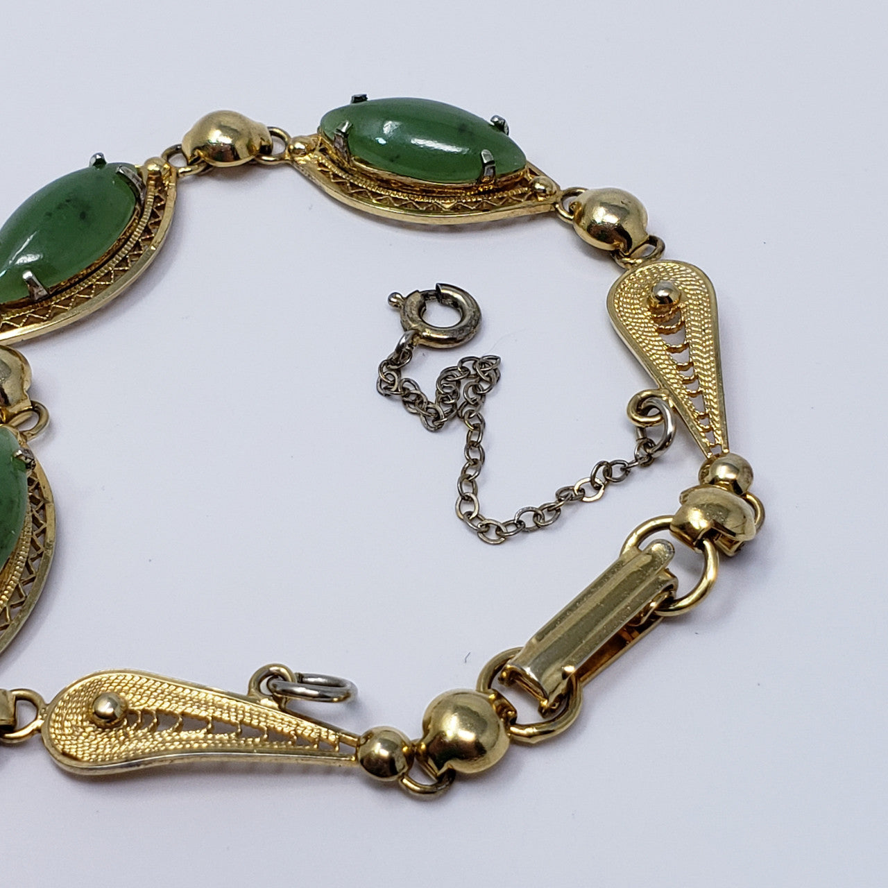 Vintage Sorrento Sterling Goldtone Filigree Link Bracelet with Real Jade Cabochons