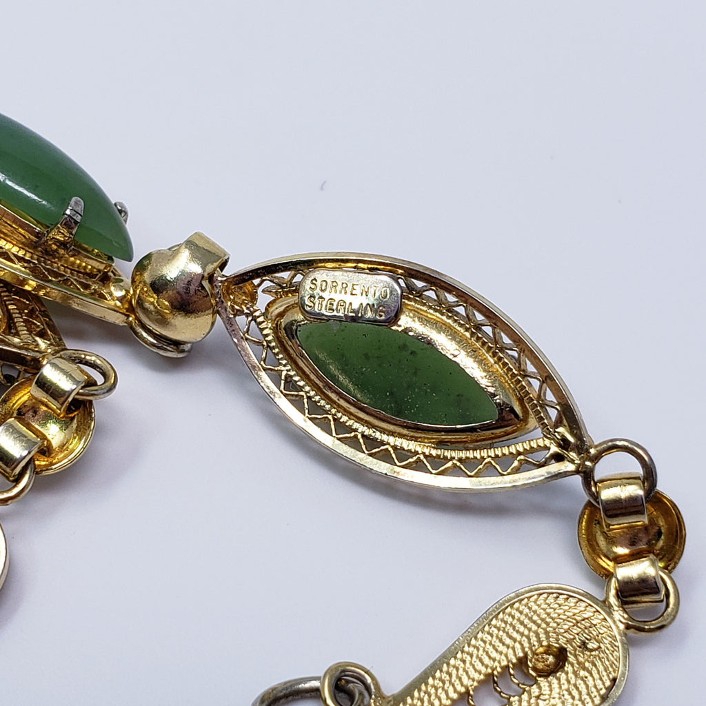 Vintage Sorrento Sterling Goldtone Filigree Link Bracelet with Real Jade Cabochons