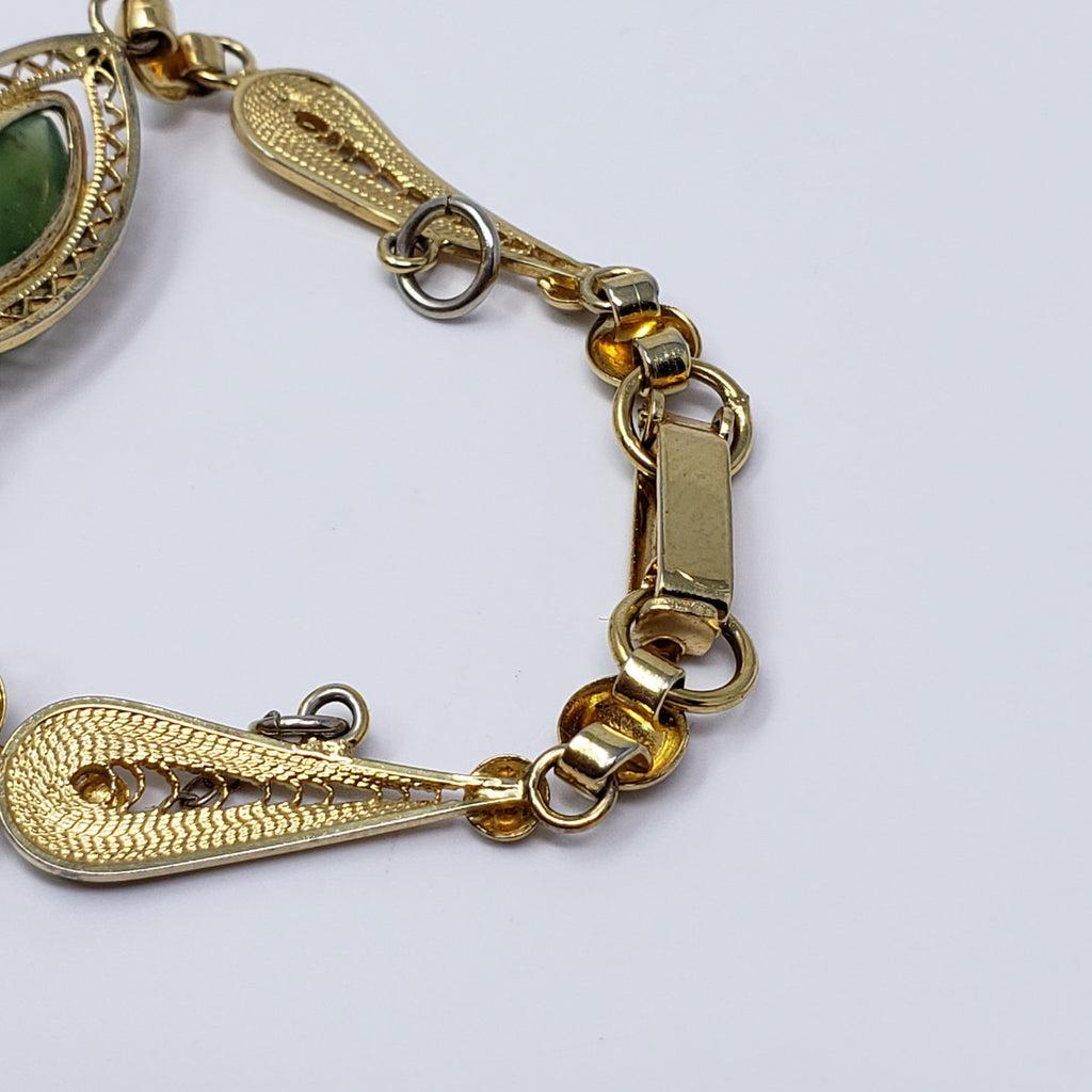 Vintage Sorrento Sterling Goldtone Filigree Link Bracelet with Real Jade Cabochons