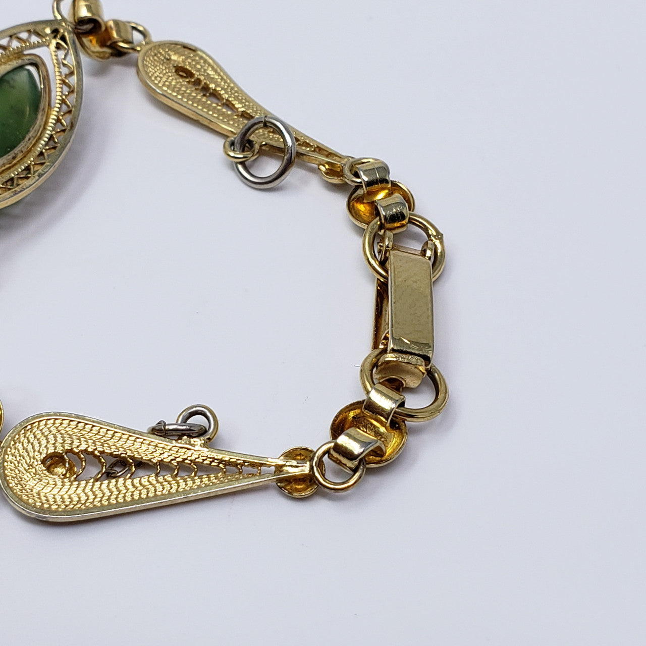 Vintage Sorrento Sterling Goldtone Filigree Link Bracelet with Real Jade Cabochons