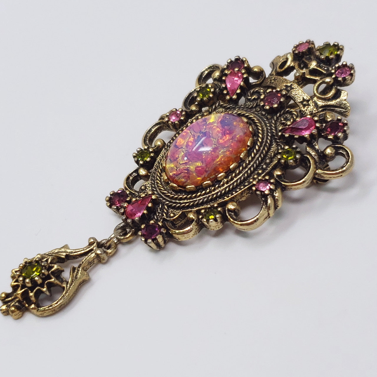 Vintage Sarah Coventry Contessa Pink Opal Rhinestones Pin Pendant