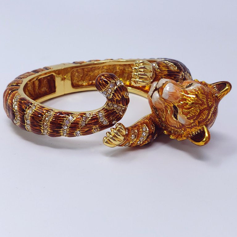 Jay Strongwater "Call of the Wild" Tiger Enamel & Crystal Hinge Bracelet in Gold