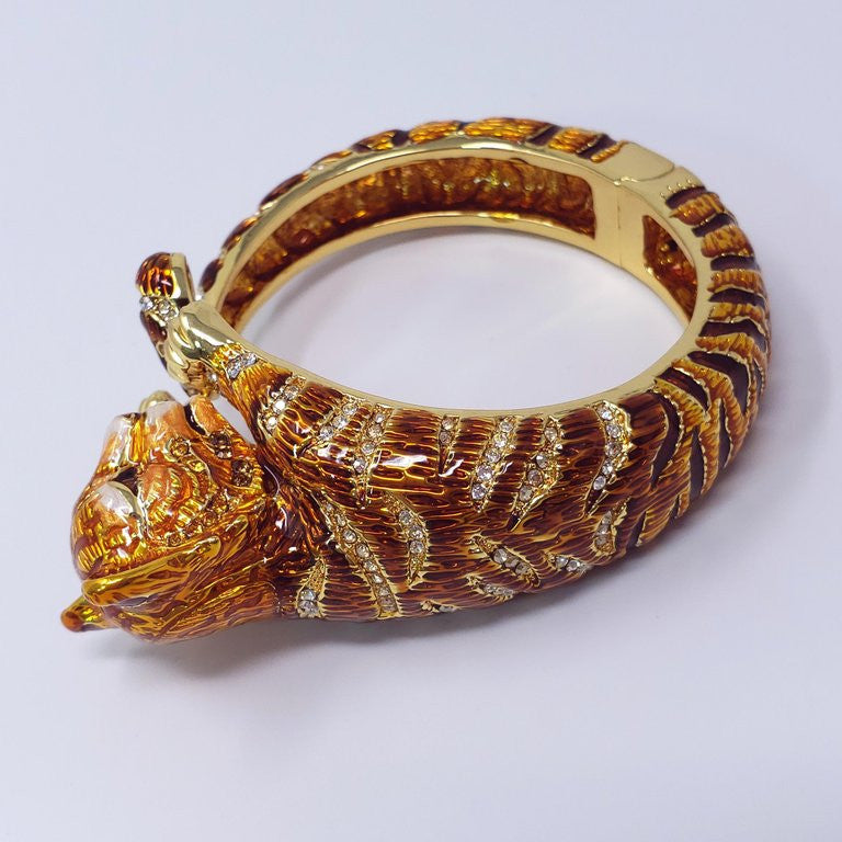 Jay Strongwater "Call of the Wild" Tiger Enamel & Crystal Hinge Bracelet in Gold