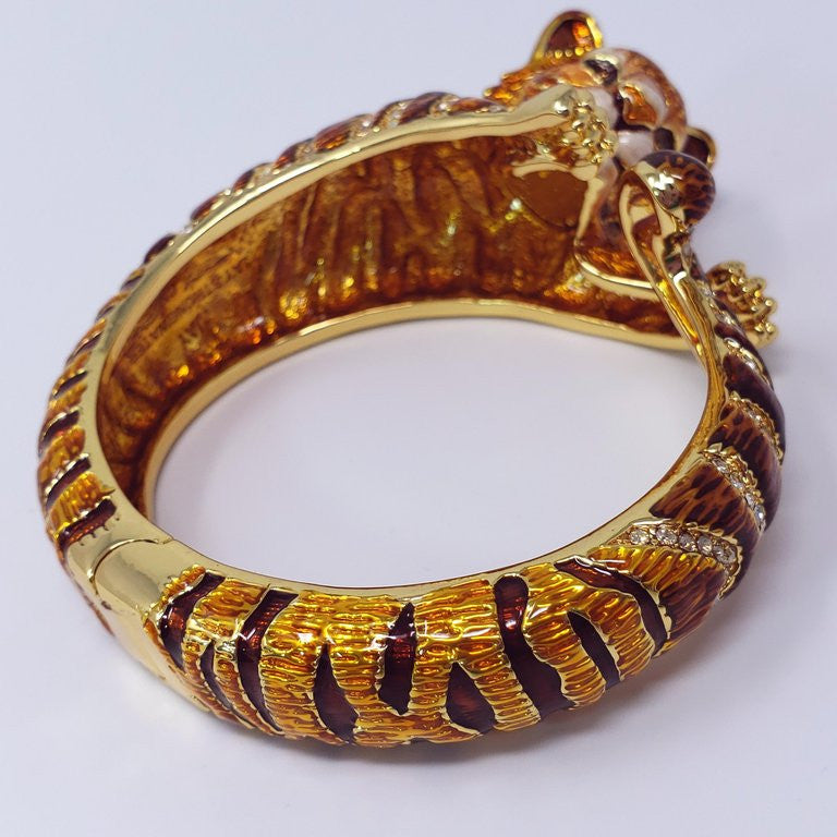 Jay Strongwater "Call of the Wild" Tiger Enamel & Crystal Hinge Bracelet in Gold