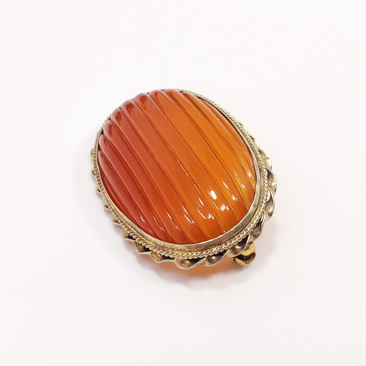 Antique Carved Natural Carnelian Handmade Brooch in Open Back Gilt Brass