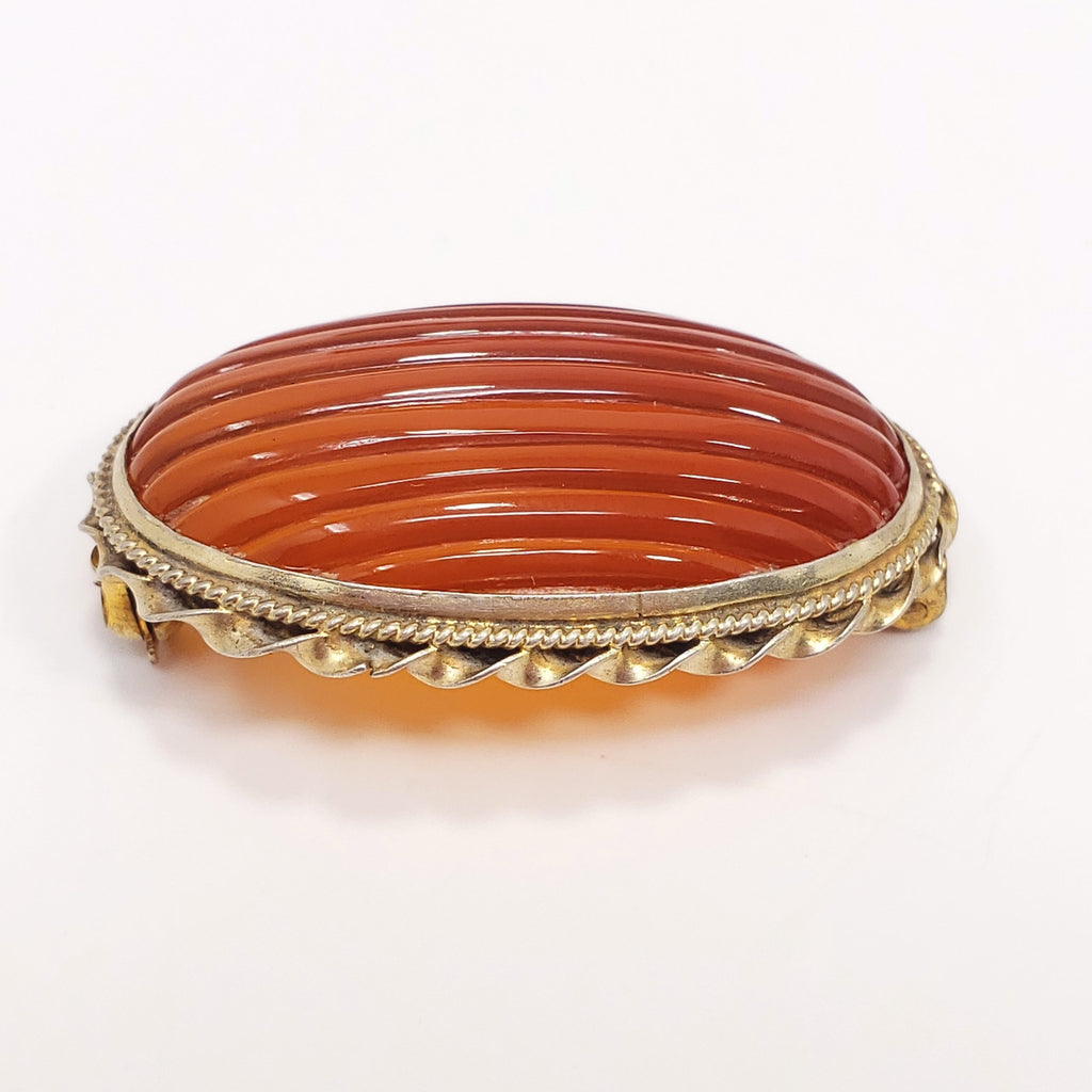 Antique Carved Natural Carnelian Handmade Brooch in Open Back Gilt Brass