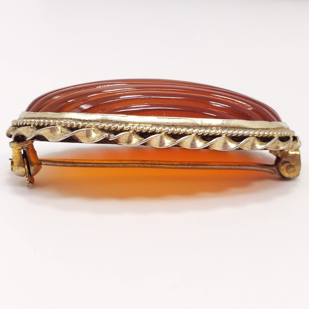 Antique Carved Natural Carnelian Handmade Brooch in Open Back Gilt Brass