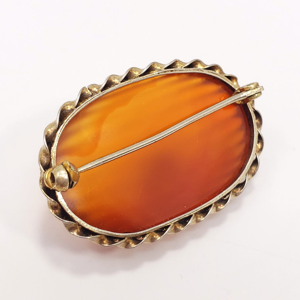Antique Carved Natural Carnelian Handmade Brooch in Open Back Gilt Brass