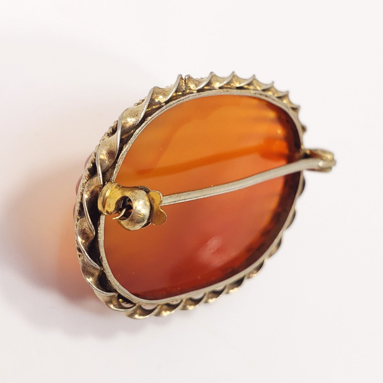 Antique Carved Natural Carnelian Handmade Brooch in Open Back Gilt Brass