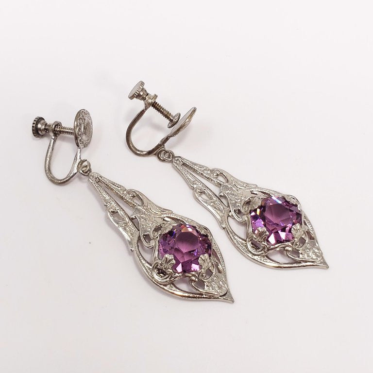 Antique Victorian Art Nouveau Silver Plated Crystal Dangling Screwback Earrings