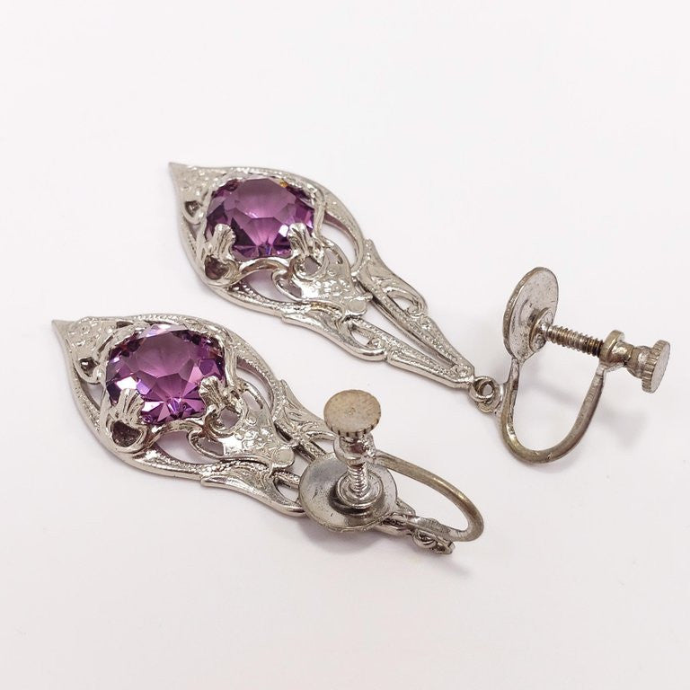 Antique Victorian Art Nouveau Silver Plated Crystal Dangling Screwback Earrings