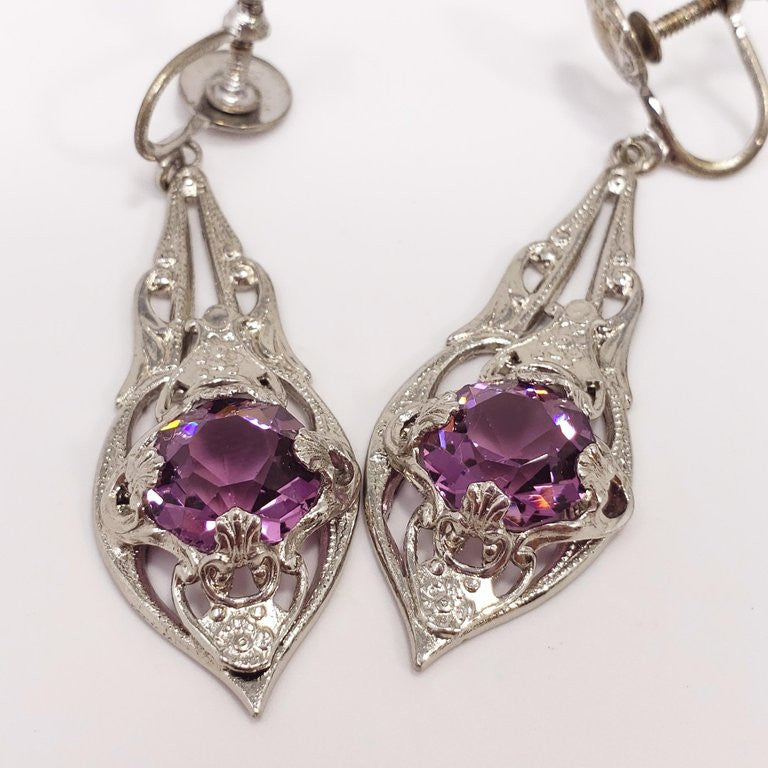 Antique Victorian Art Nouveau Silver Plated Crystal Dangling Screwback Earrings
