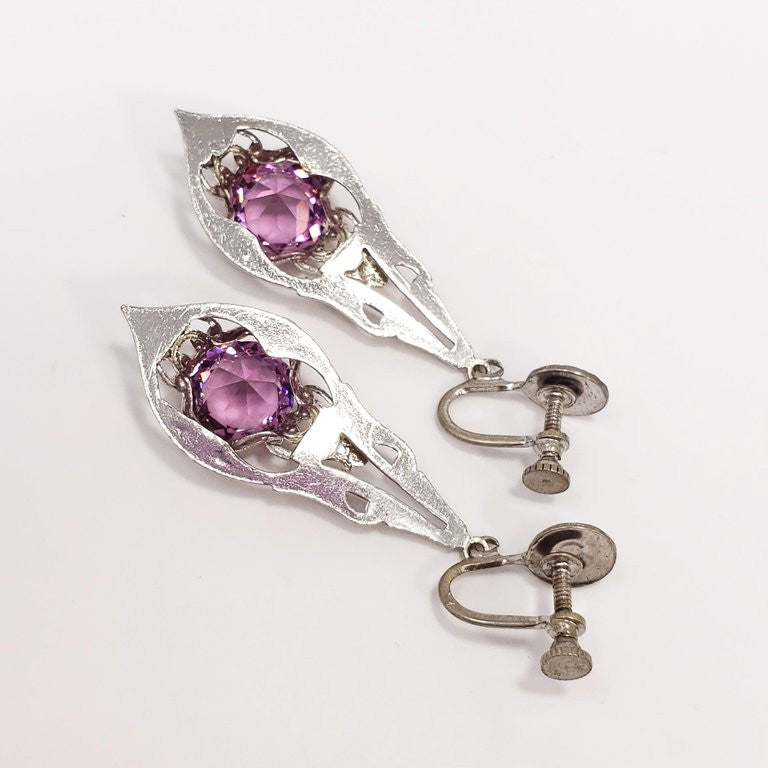 Antique Victorian Art Nouveau Silver Plated Crystal Dangling Screwback Earrings