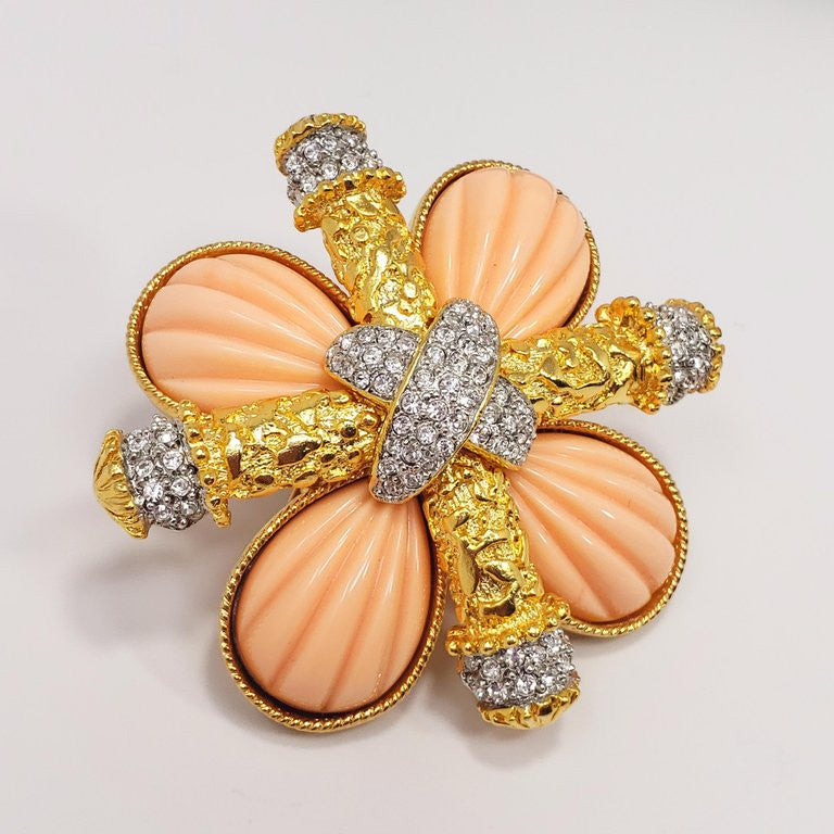 KJL Kenneth Jay Lane Crystal and Coral Colored Maltese Cross in Gold