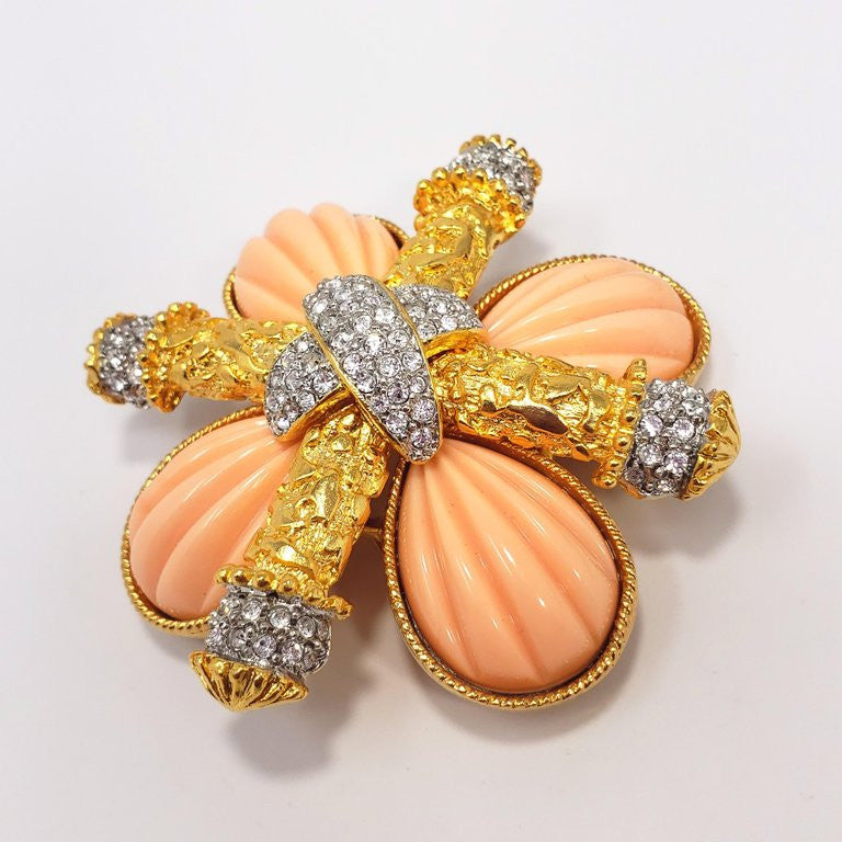 KJL Kenneth Jay Lane Crystal and Coral Colored Maltese Cross in Gold