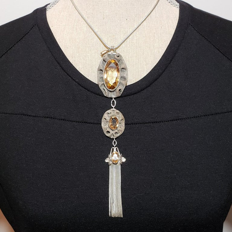 Antique Victorian Triple Drop & Tassel Pendant Necklace in Mesh Silver Setting