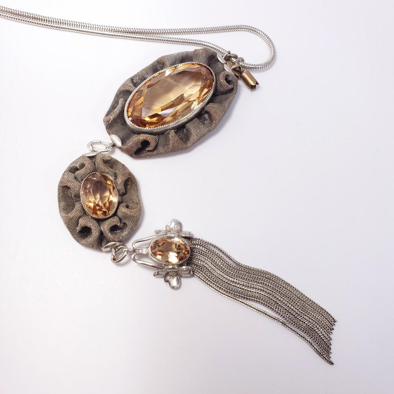 Antique Victorian Triple Drop & Tassel Pendant Necklace in Mesh Silver Setting