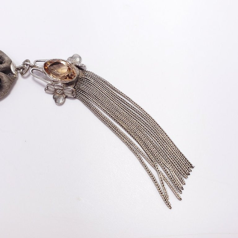 Antique Victorian Triple Drop & Tassel Pendant Necklace in Mesh Silver Setting
