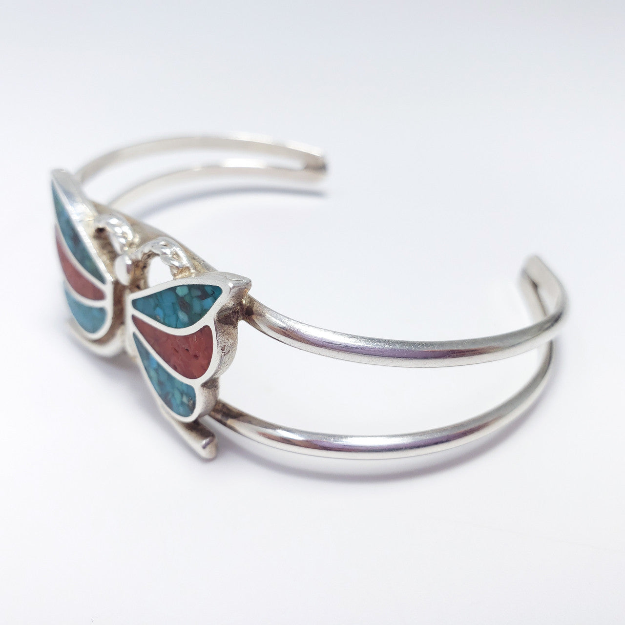 Vintage Zuni Native American Silver Cuff Bracelet With Turquoise & Coral Inlays
