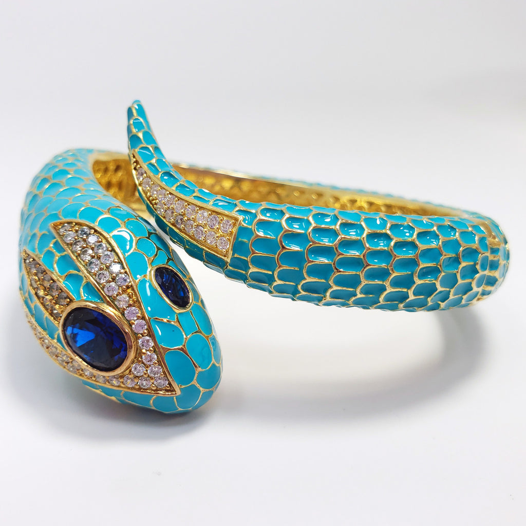 CZ by Kenneth Jay Lane KJL Cubic Zirconia Turquoise Coiled Snake Bangle Bracelet