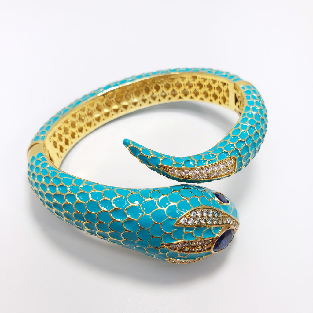 CZ by Kenneth Jay Lane KJL Cubic Zirconia Turquoise Coiled Snake Bangle Bracelet