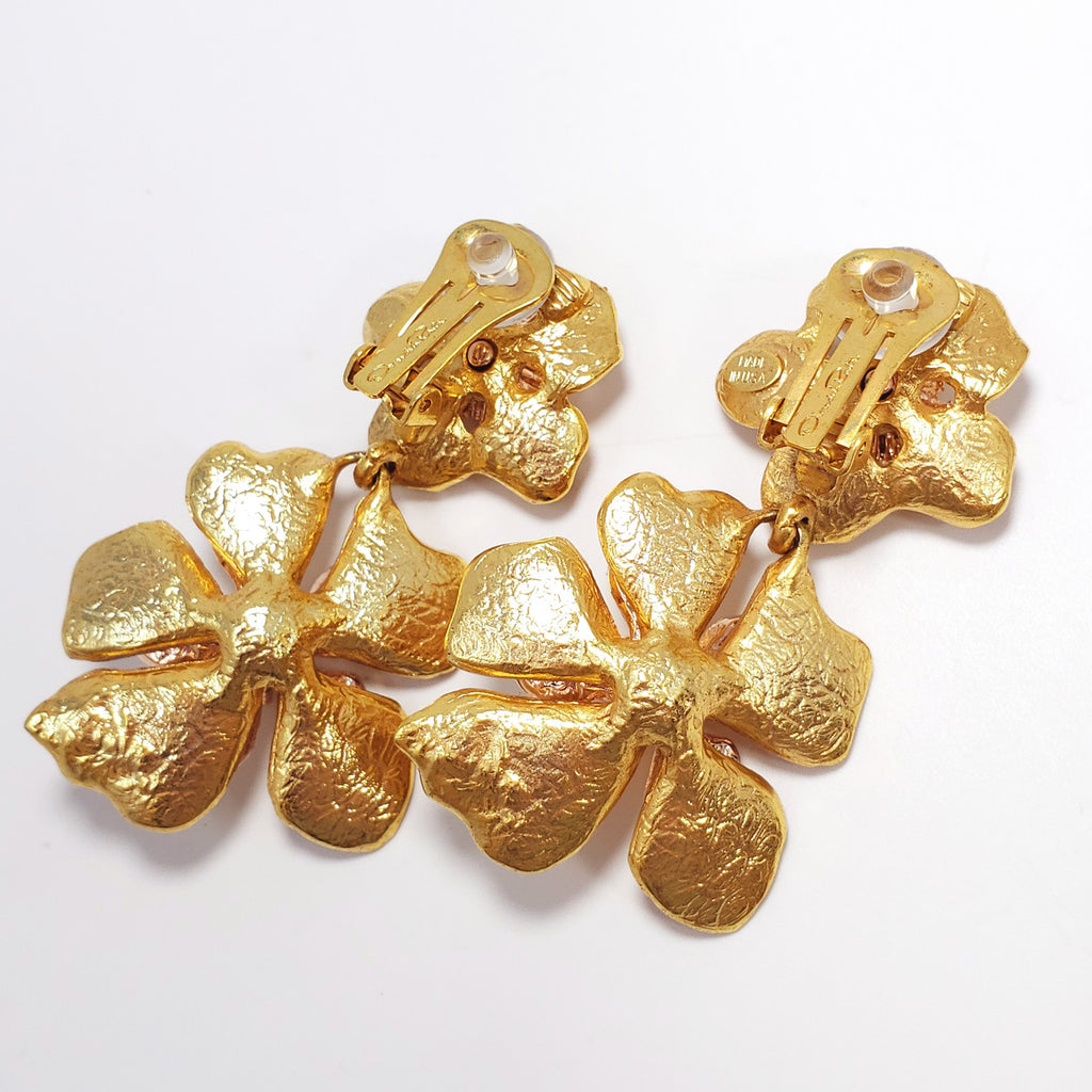Oscar de la Renta Yellow Gold Bold Dangling Flower Drop Clip On Earrings