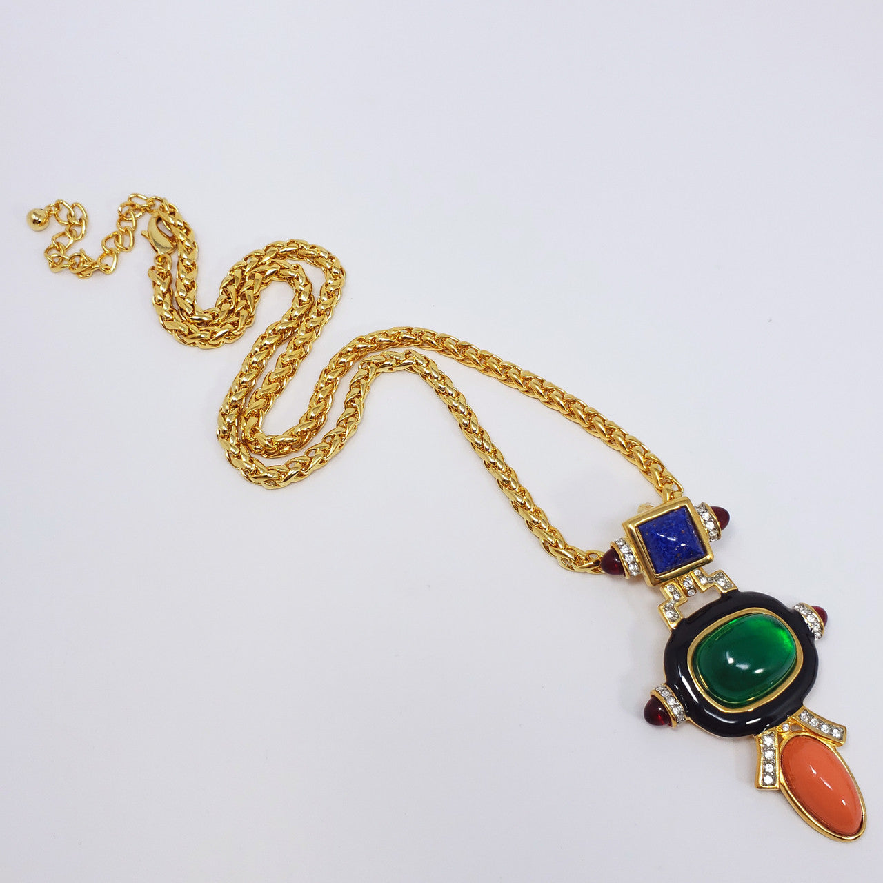 KJL Kenneth Jay Lane Art Deco Cabochon & Crystal Pendant Necklace on Gold Chain