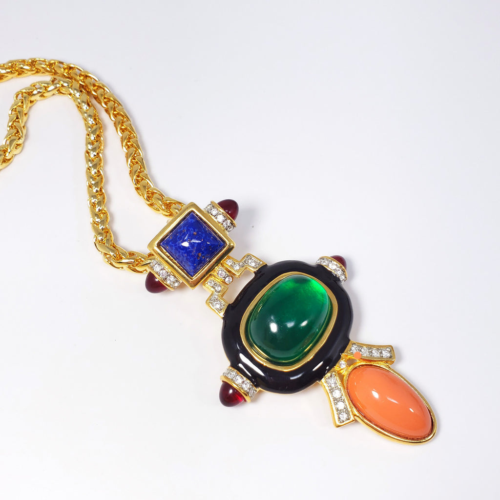 KJL Kenneth Jay Lane Art Deco Cabochon & Crystal Pendant Necklace on Gold Chain