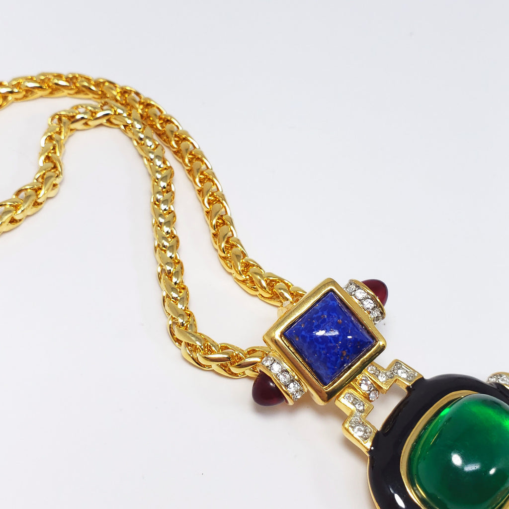 KJL Kenneth Jay Lane Art Deco Cabochon & Crystal Pendant Necklace on Gold Chain