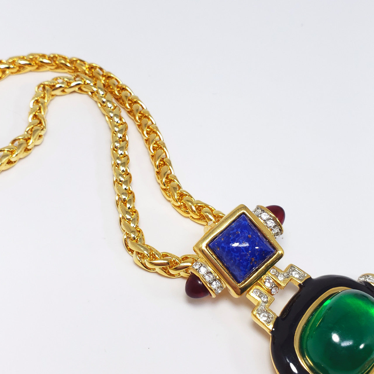 KJL Kenneth Jay Lane Art Deco Cabochon & Crystal Pendant Necklace on Gold Chain