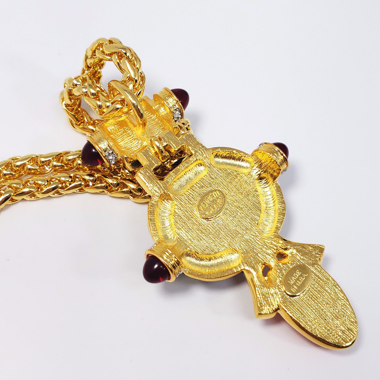 KJL Kenneth Jay Lane Art Deco Cabochon & Crystal Pendant Necklace on Gold Chain