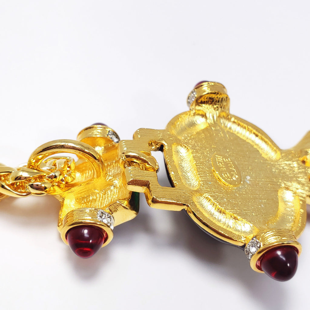 KJL Kenneth Jay Lane Art Deco Cabochon & Crystal Pendant Necklace on Gold Chain
