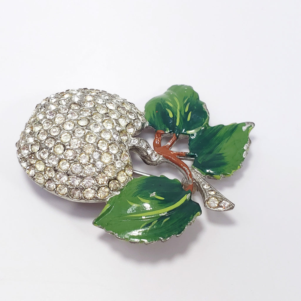 Vintage Forbidden Fruit Apple Pave Crystal & Green Enamel Pot Metal Brooch