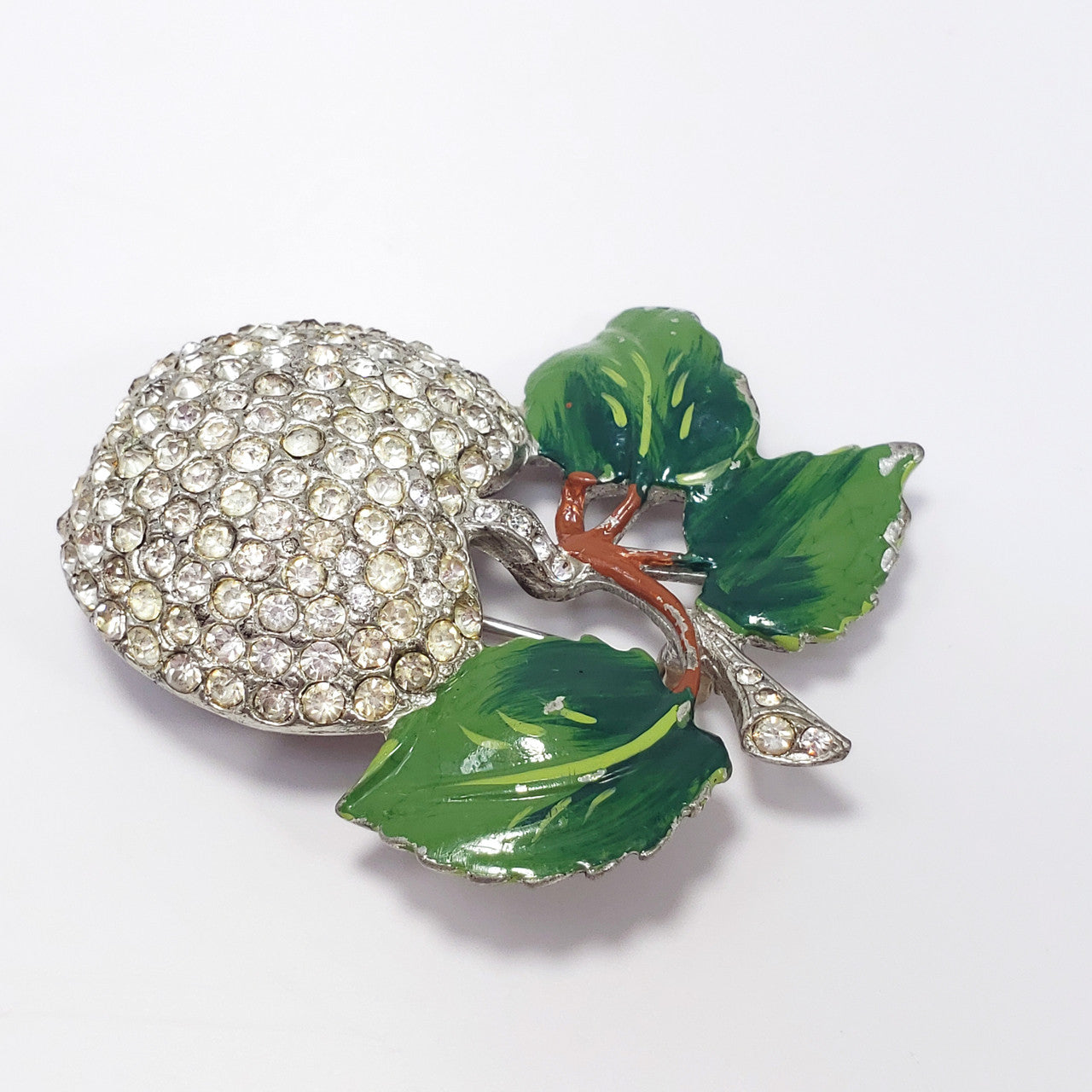 Vintage Forbidden Fruit Apple Pave Crystal & Green Enamel Pot Metal Brooch