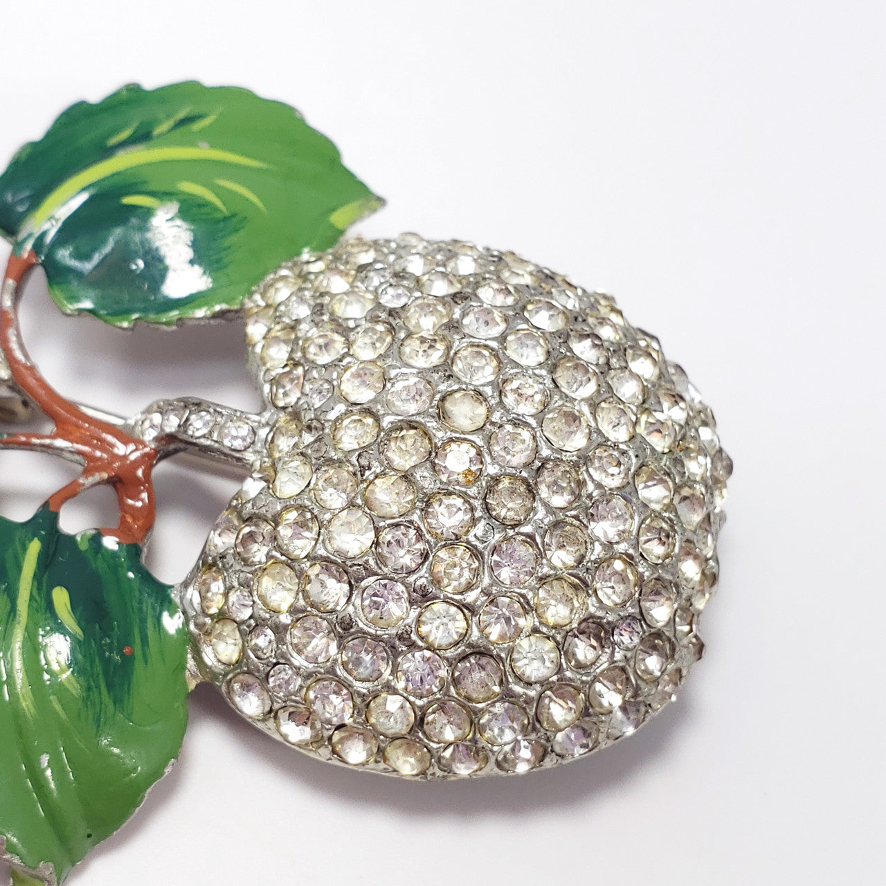 Vintage Forbidden Fruit Apple Pave Crystal & Green Enamel Pot Metal Brooch