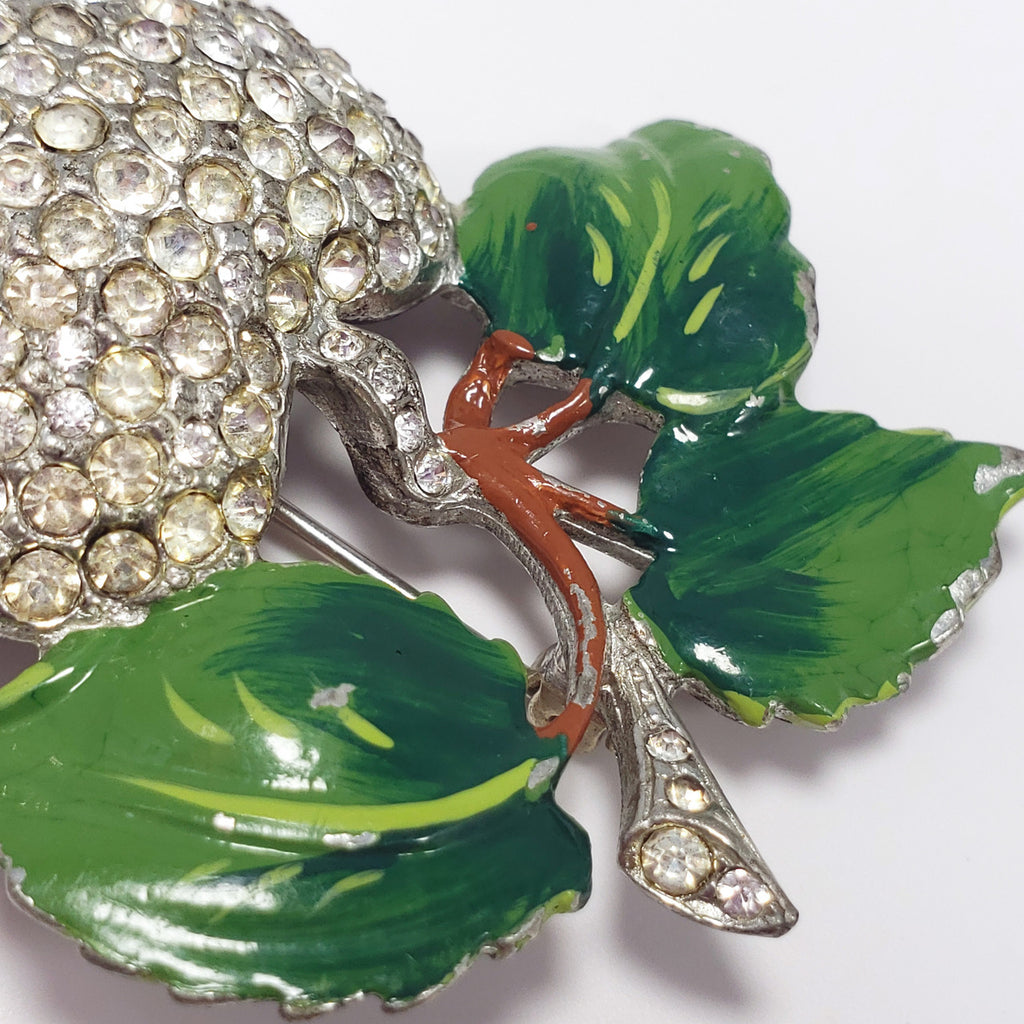Vintage Forbidden Fruit Apple Pave Crystal & Green Enamel Pot Metal Brooch