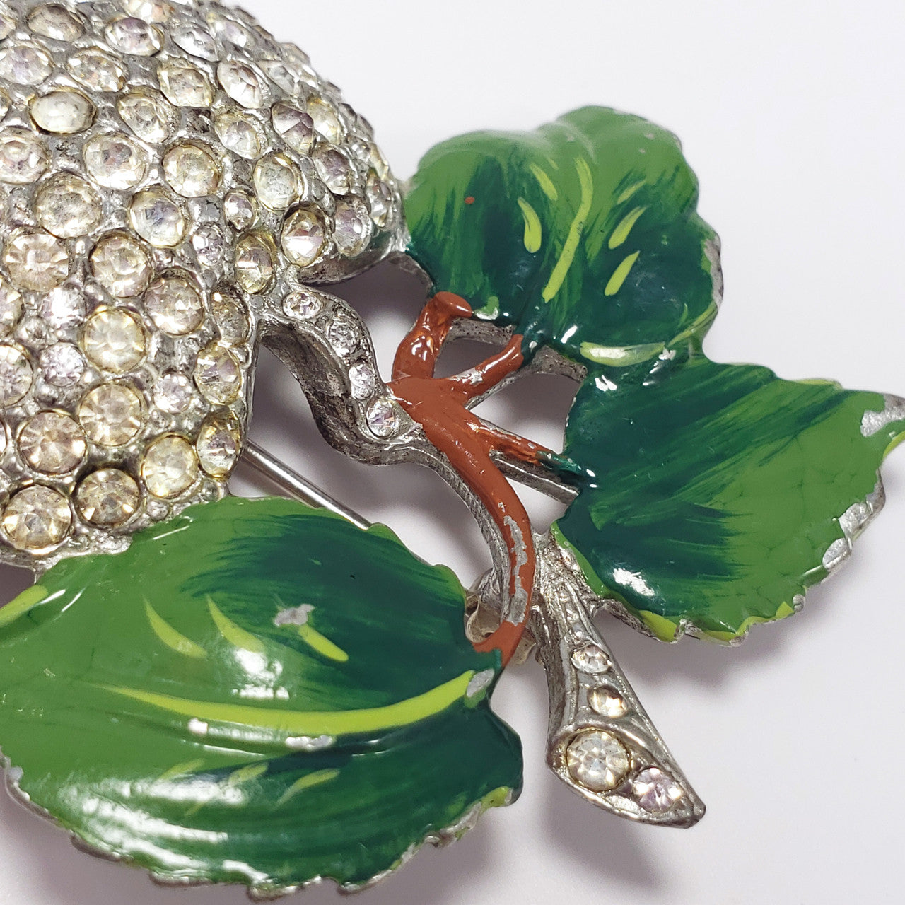 Vintage Forbidden Fruit Apple Pave Crystal & Green Enamel Pot Metal Brooch