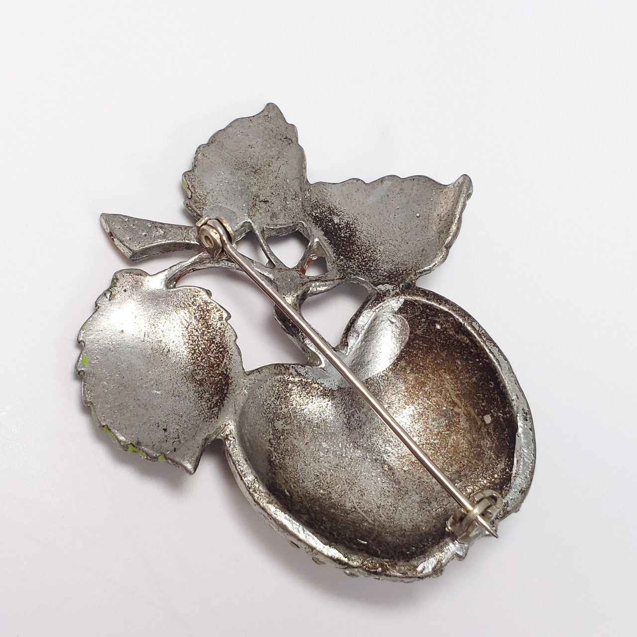 Vintage Forbidden Fruit Apple Pave Crystal & Green Enamel Pot Metal Brooch