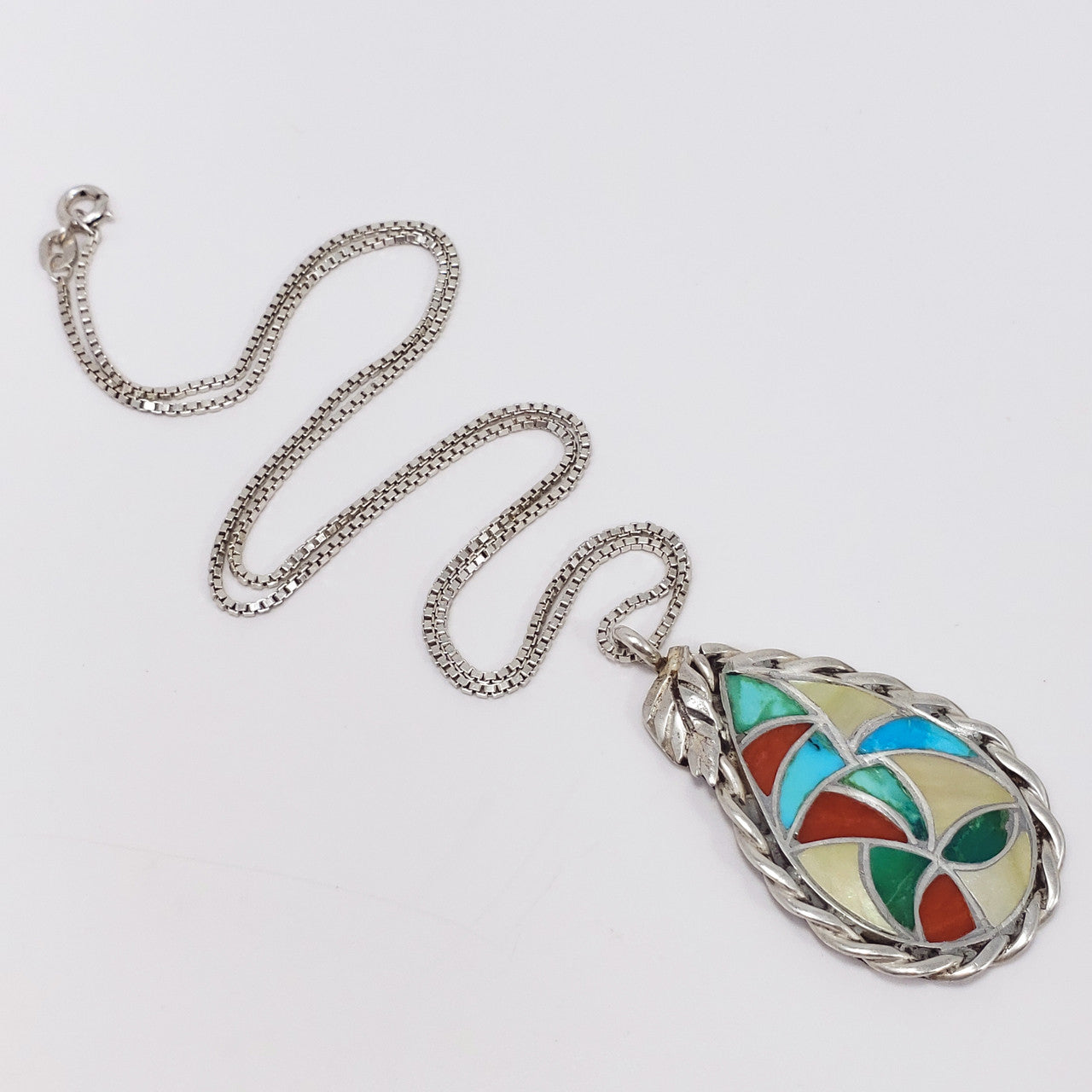 Vintage Zuni Native American Pendant Coral & Turquoise Inlay in Sterling Silver w/ Chain
