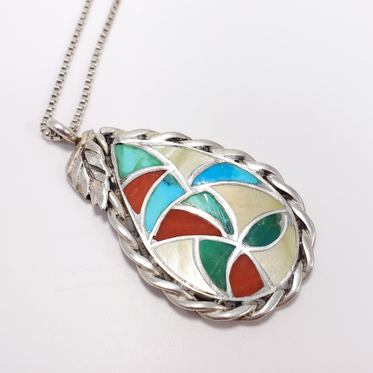 Vintage Zuni Native American Pendant Coral & Turquoise Inlay in Sterling Silver w/ Chain