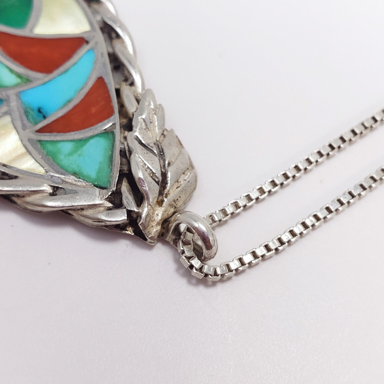 Vintage Zuni Native American Pendant Coral & Turquoise Inlay in Sterling Silver w/ Chain