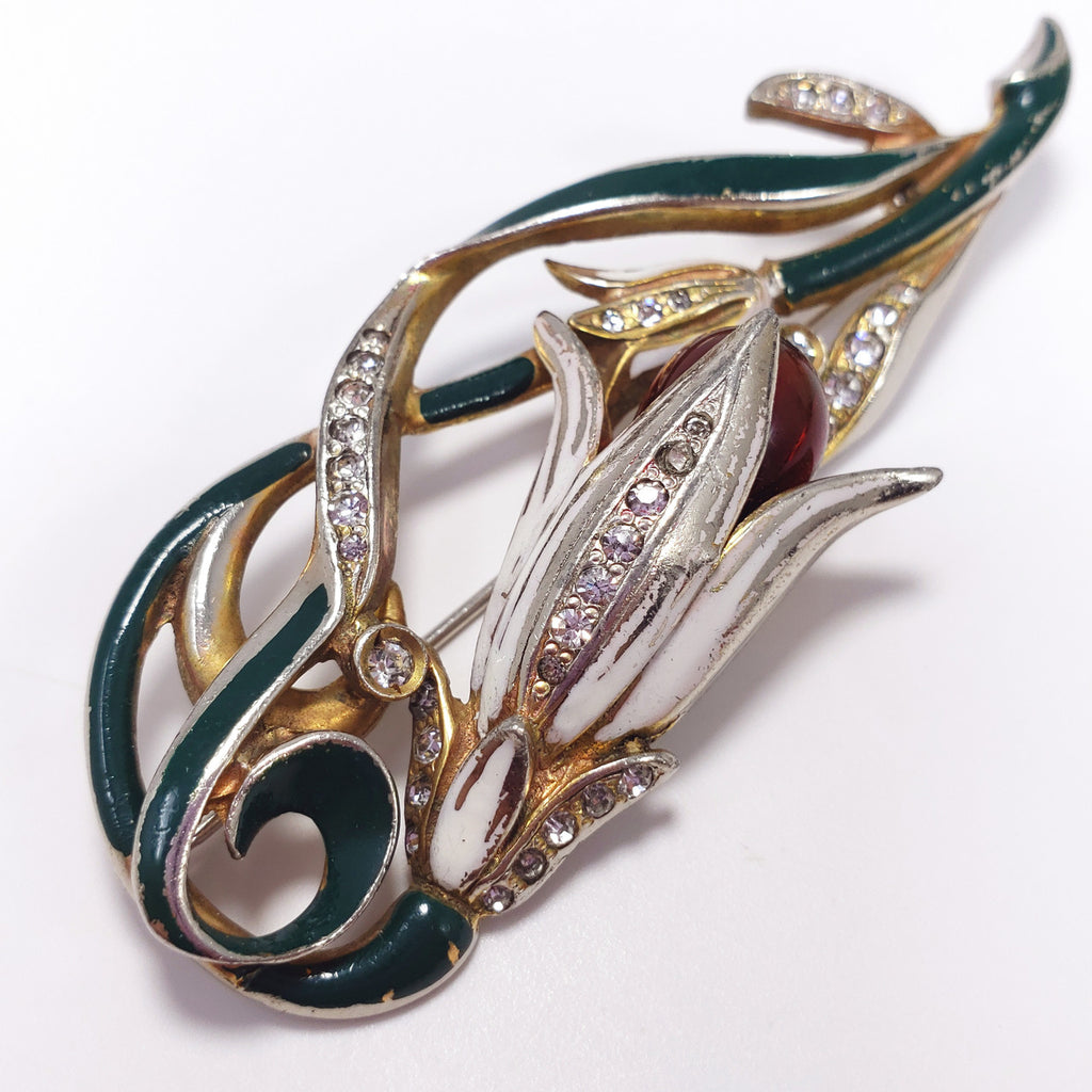 Coro Carmen Miranda Hanging Enameled & Crystal Bulb Flower Brooch Pin in Gold & Rhodium Plating