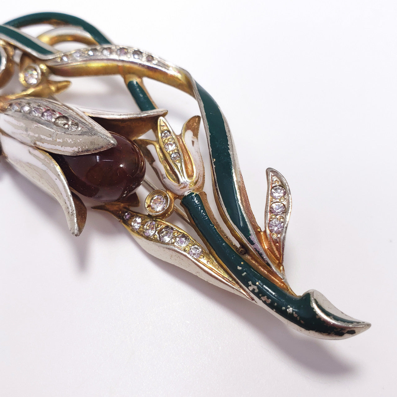 Coro Carmen Miranda Hanging Enameled & Crystal Bulb Flower Brooch Pin in Gold & Rhodium Plating